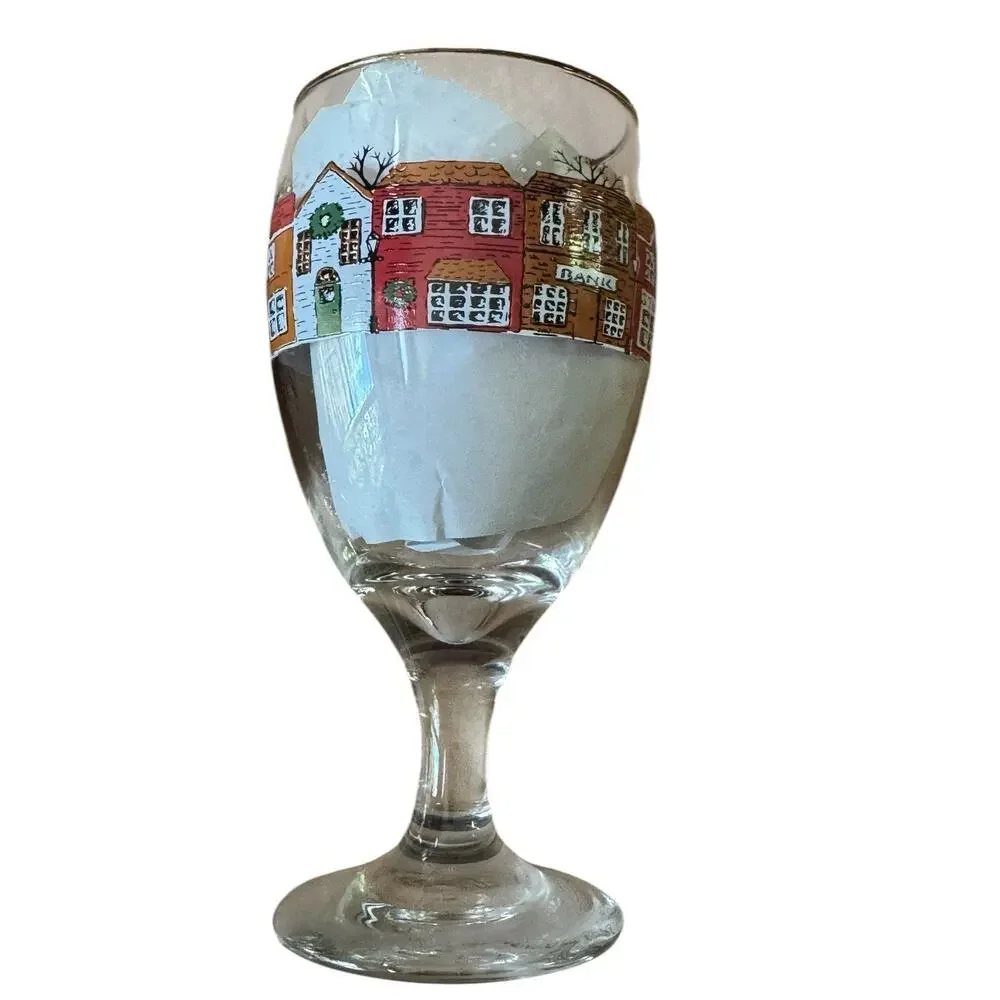 Set of 3 Christmas‎ Village Wine Glasses Holiday Goblets Hand Painted Houses